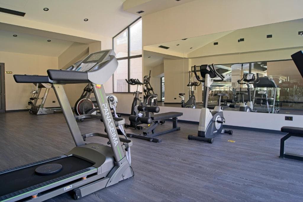 The hotel fitness room with treadmills and free weights