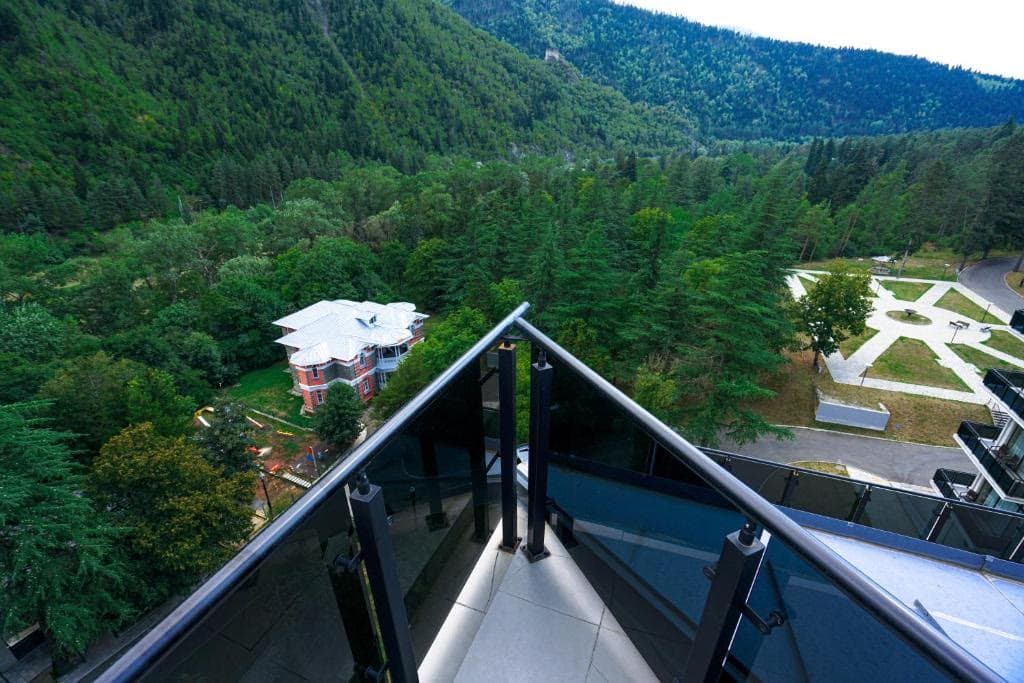 The forested Borjomi valley seen from a hotel balcony