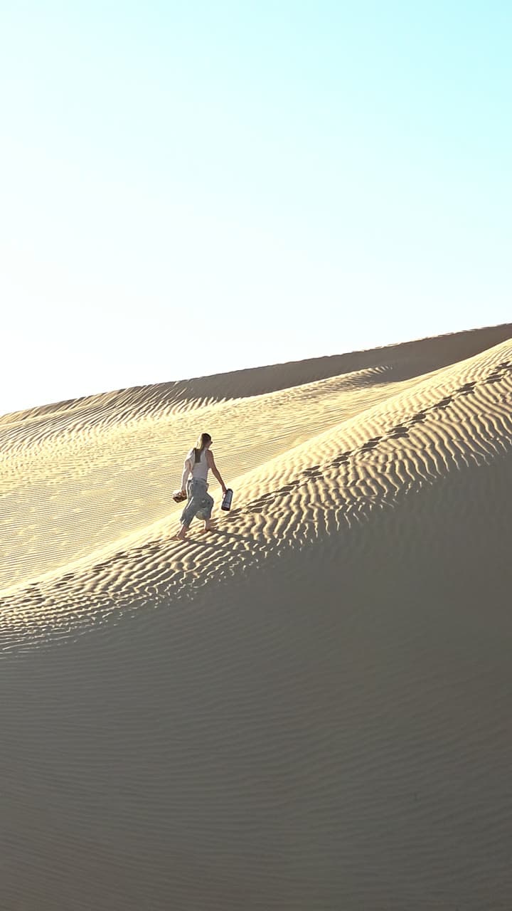 A lone figure walking the crest of a rippled dune under a pale sky