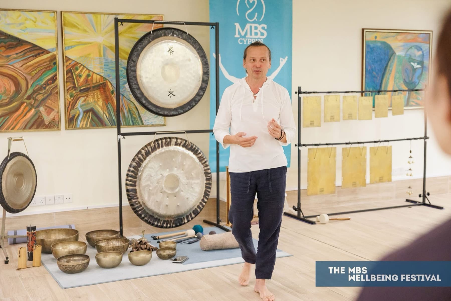 Gongs and singing bowls arranged for a sound journey