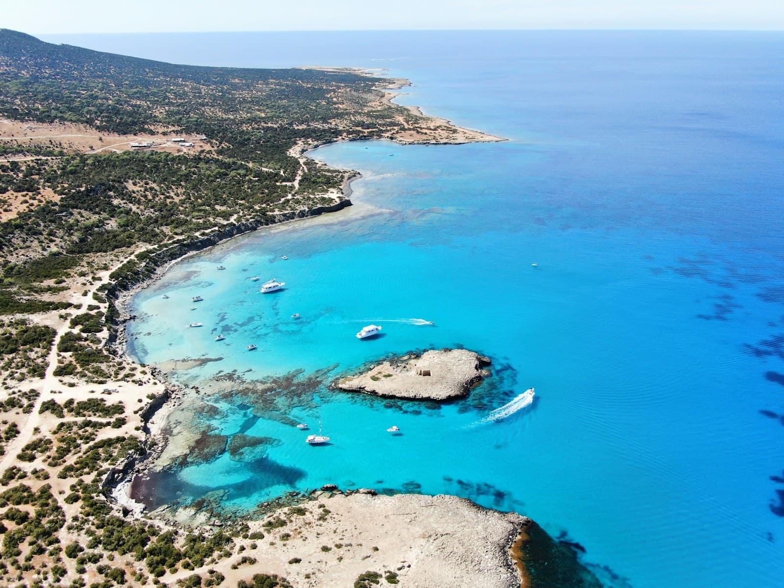 Aerial view of the Paphos coastline, green forest meets turquoise sea, Cyprus
